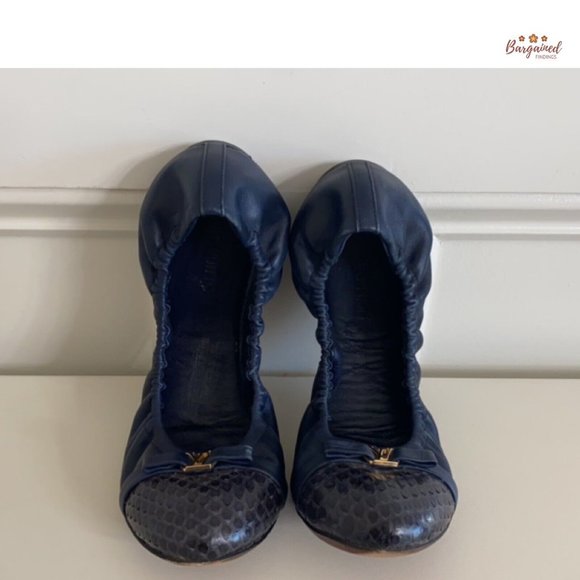 Authentic Louis Vuitton Navy Leather Reptile Toe Bow Scrunch Ballet Flats 37/7 - Picture 5 of 13